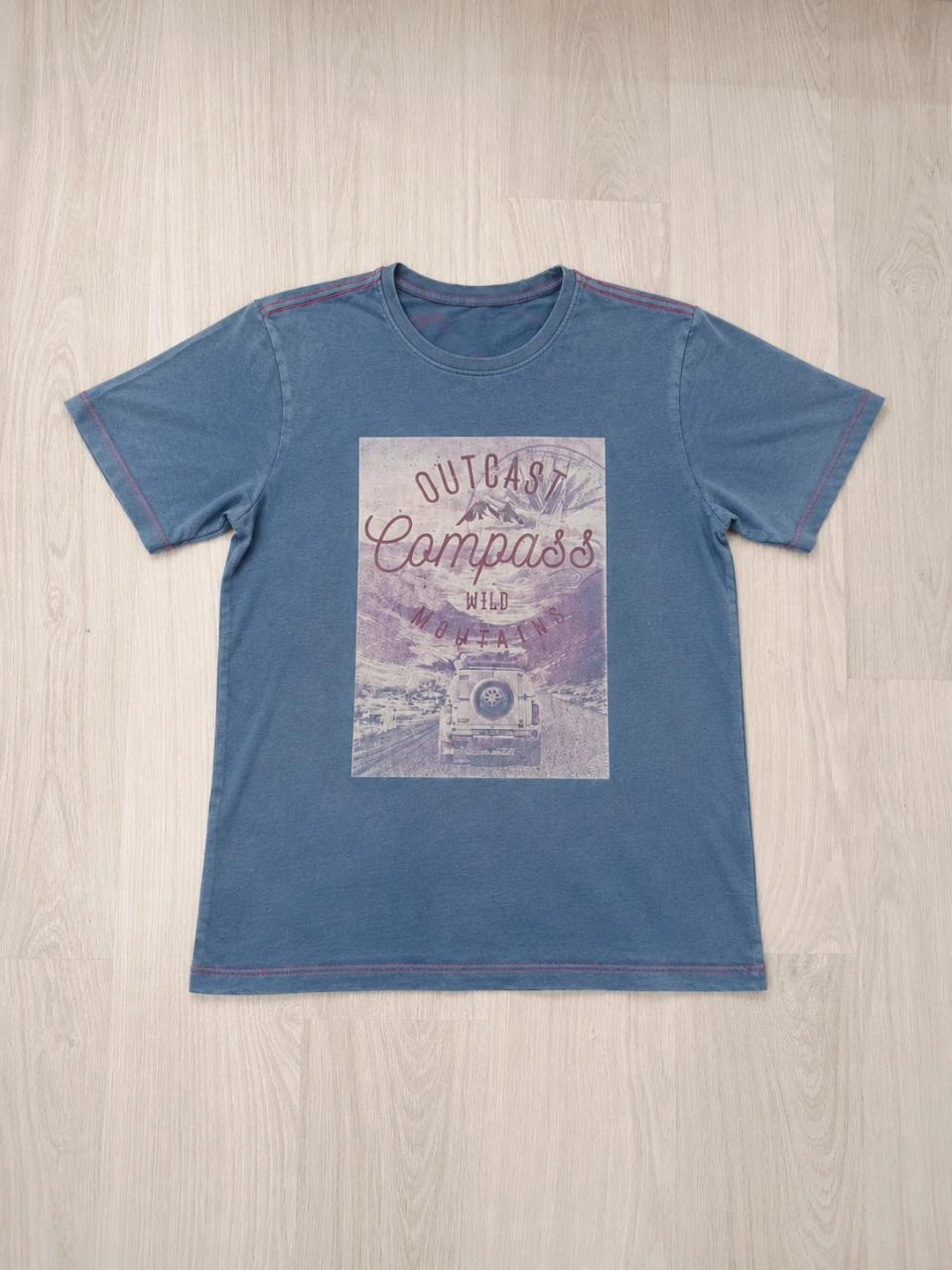 T-Shirt Homme Bleu Effet Délavé Imprimé Voyage - Taille M